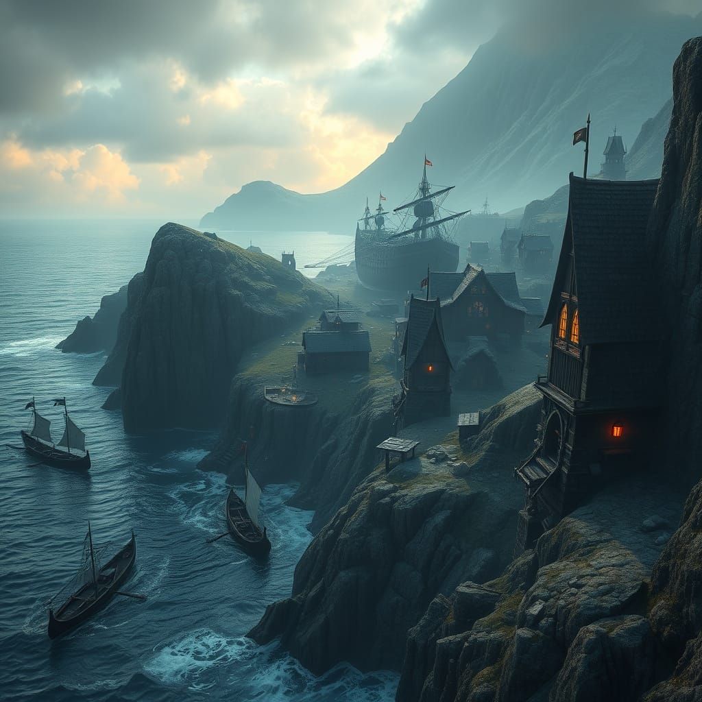 Viking Village on Rugged Coastal Cliff in Cinematic Digital ...