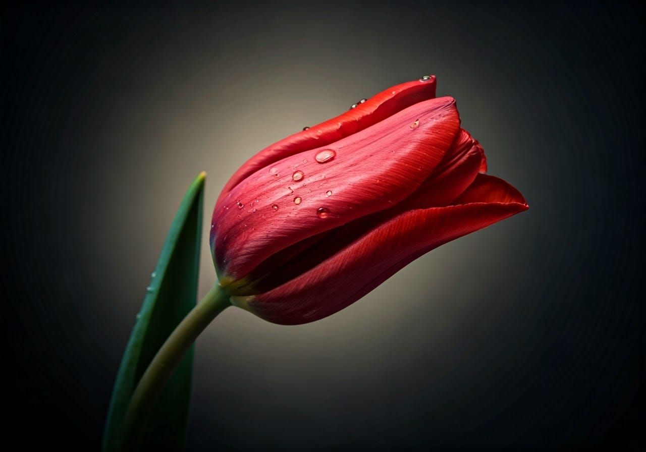 Red Tulip in Moody, Dark Atmosphere, with Water Droplets