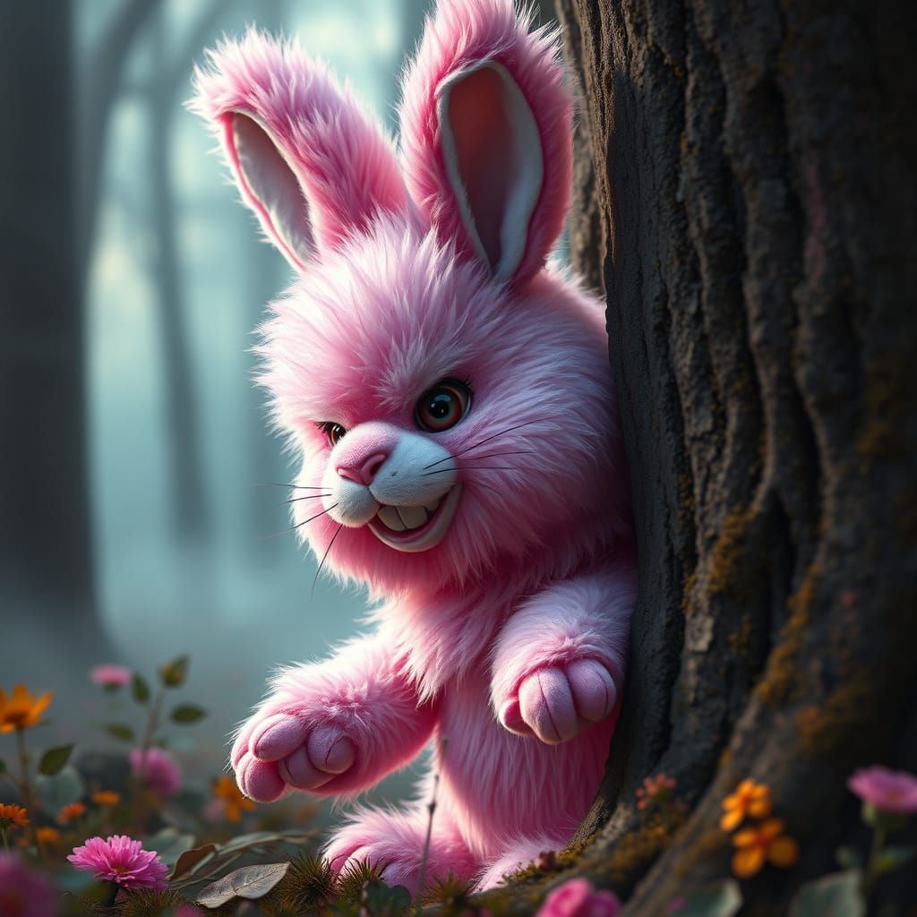 Pink Fluffy Rabbit Lurking in Misty Forest