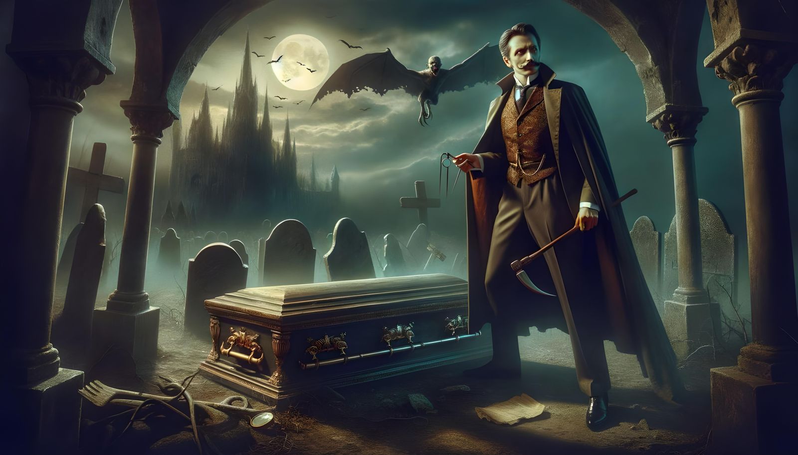 Abraham Van Helsing discovering a vampire's grave