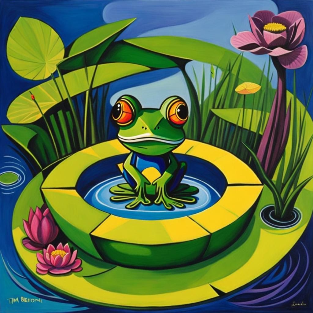 Cubist Frog in Surreal Lilypad - Geometric Art