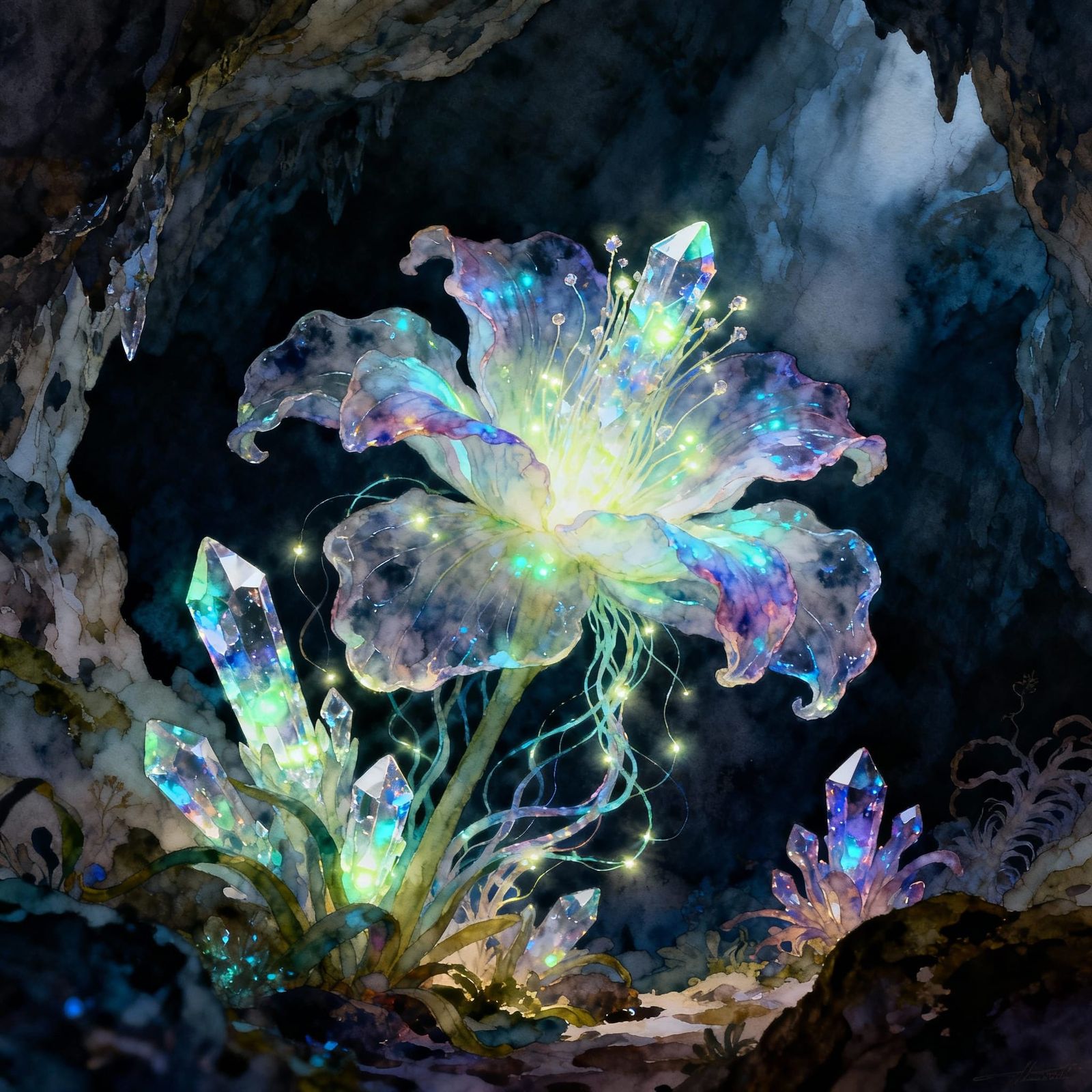 Bioluminescent Plant in Crystal Cave, Watercolor Style