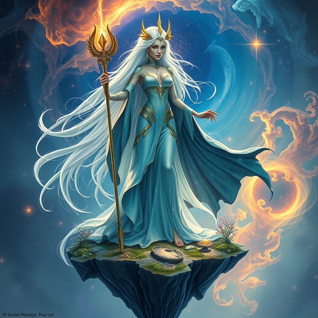 Ethereal Goddess on Floating Island in Digital Art Style