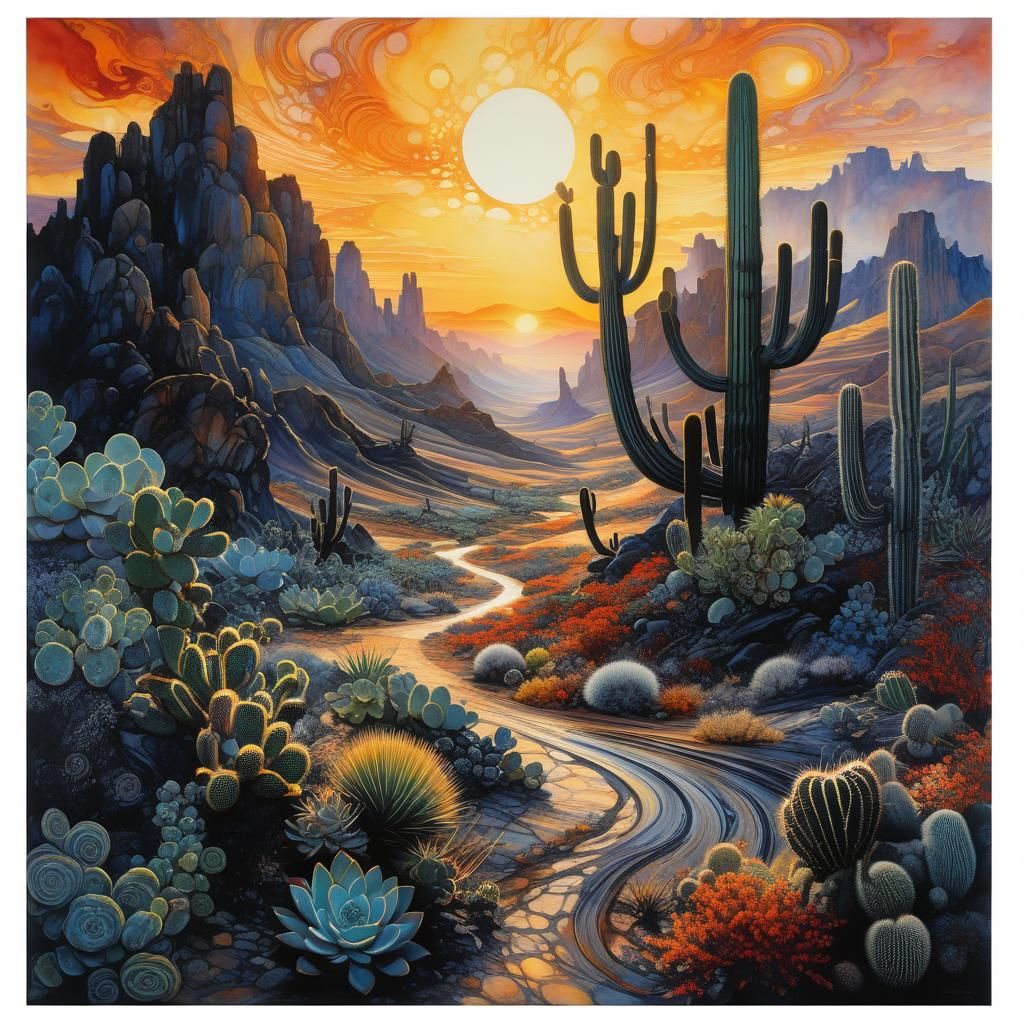 desert sunset, ink wash