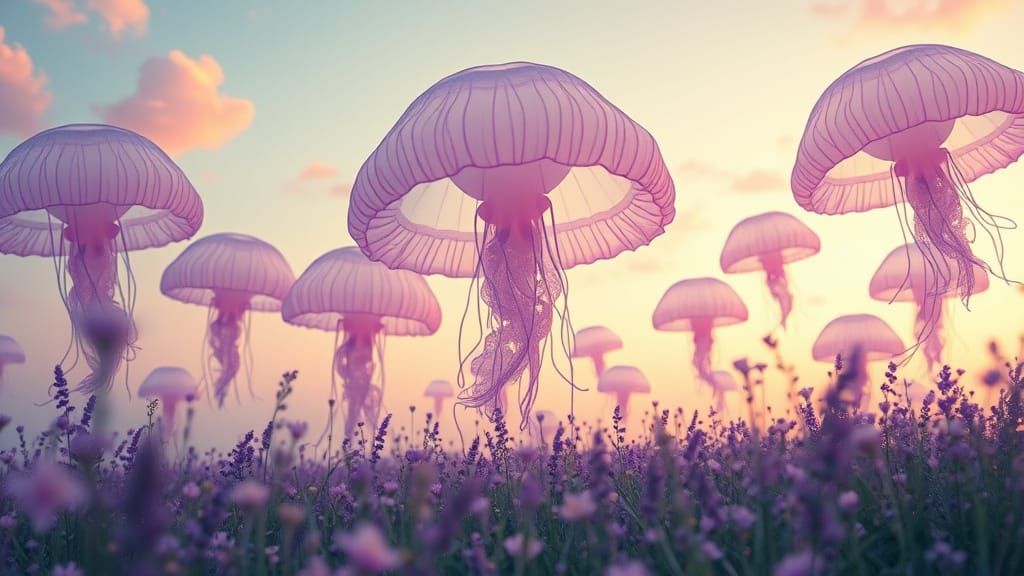 Dreamlike Meadow with Floating Jellyfish in Retro Photograph...