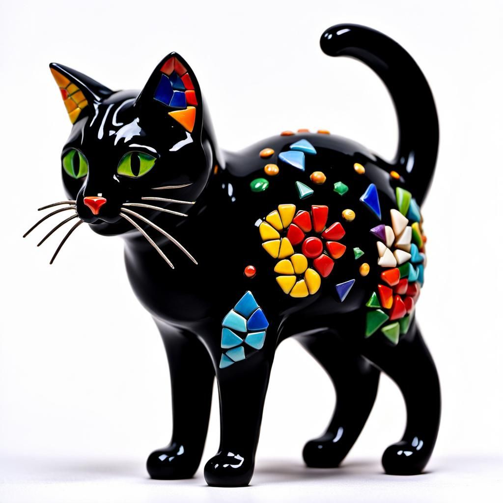 Colorful Ceramic Cat Sculpture in Mosaic Style