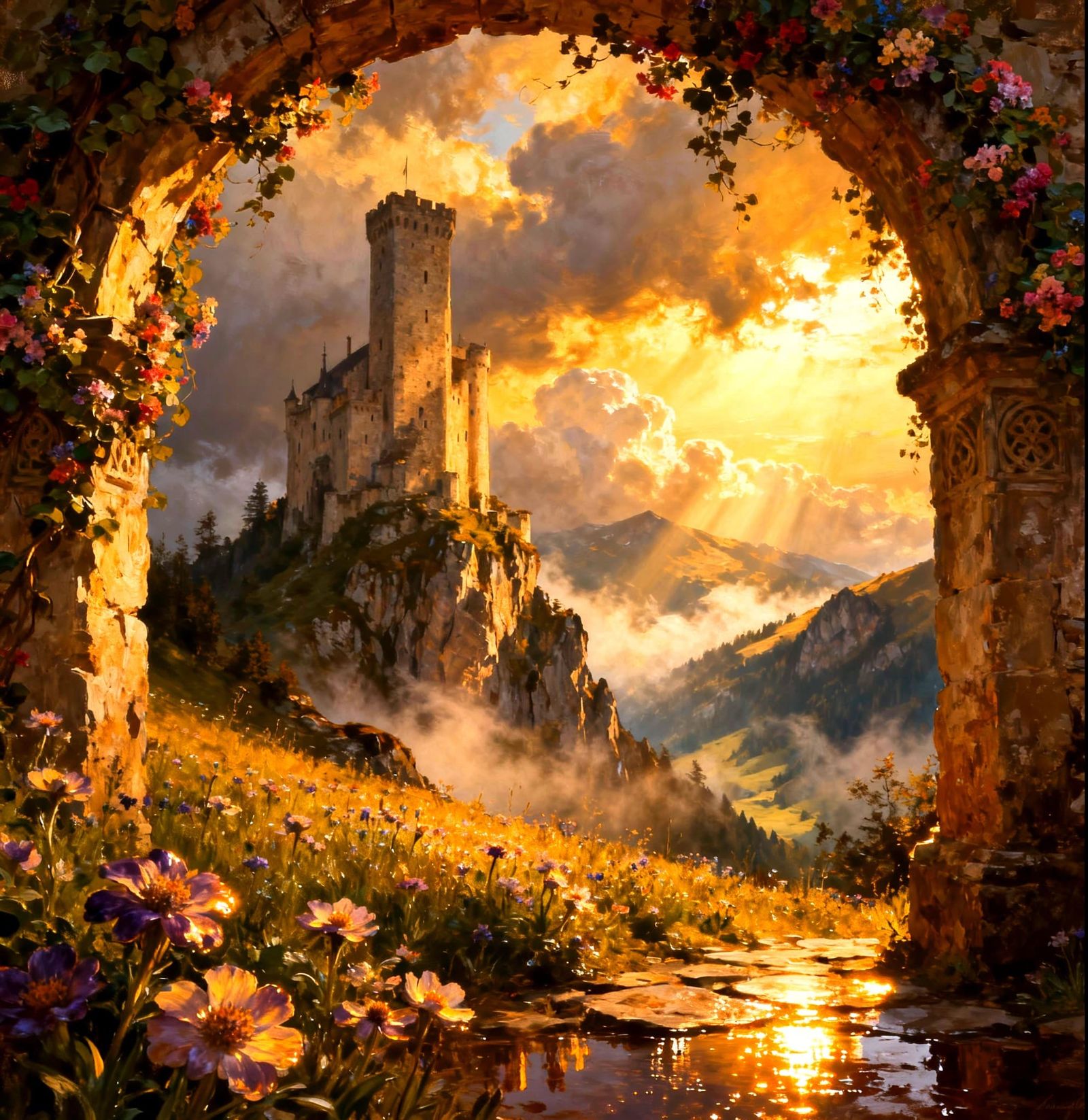 Ethereal Castle Overlooking Misty Valley