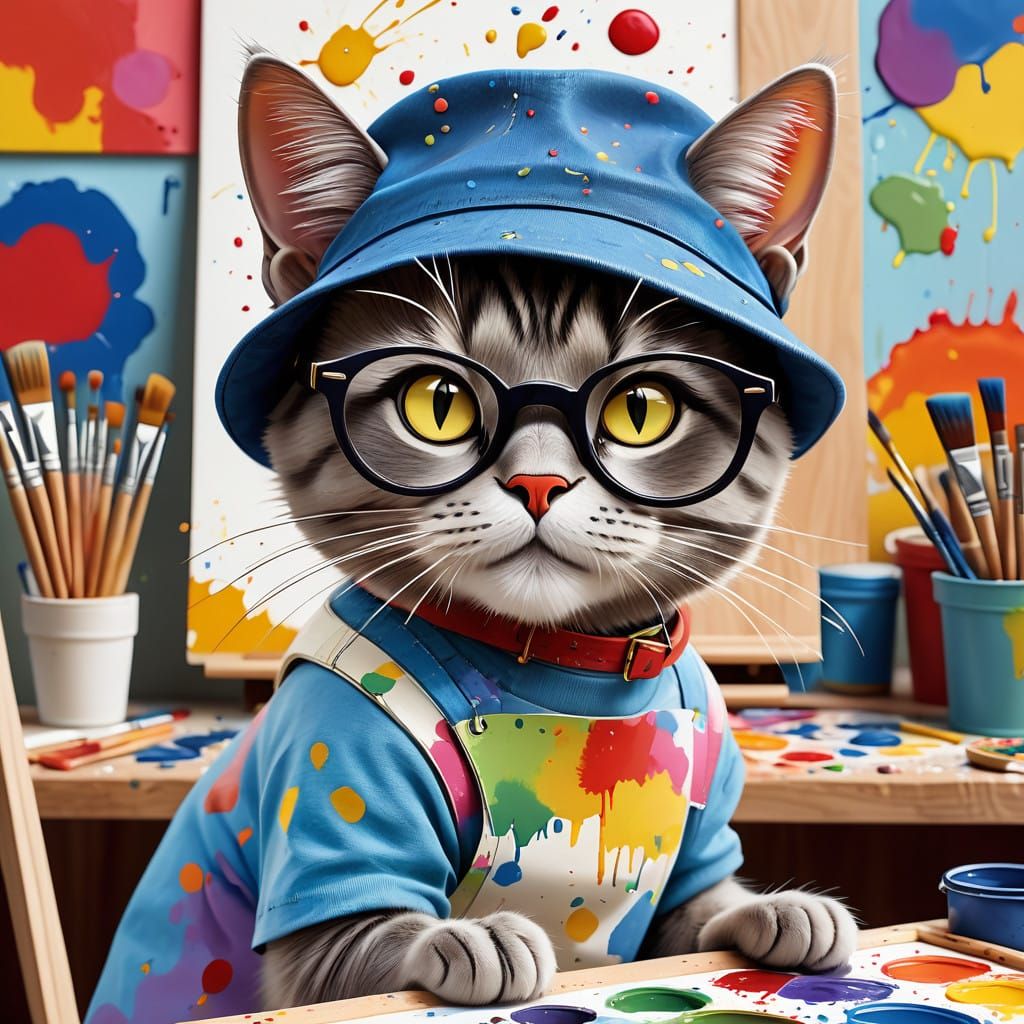 Elegant Dark Cat Artist in Whimsical Studio Setting