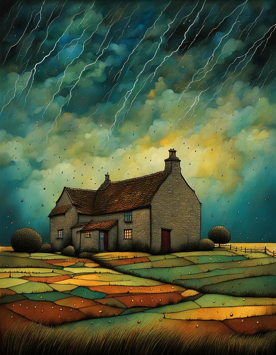 Cotswold Farm Under Stormy Sky, Mixed Media Art