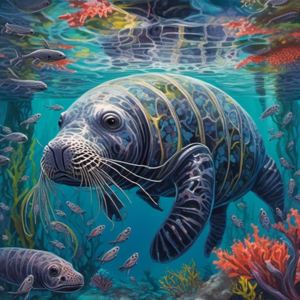 Manatee Family Underwater in Surreal Vivid Colors
