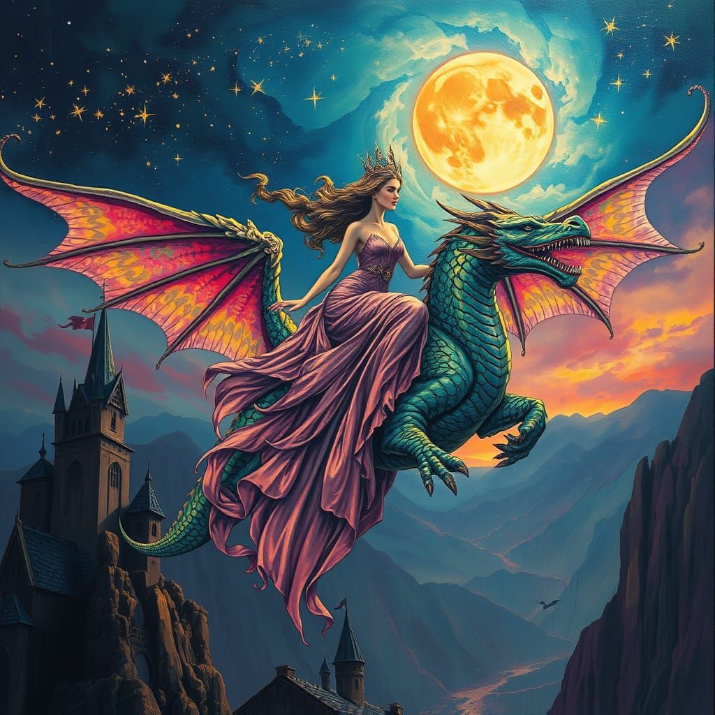 Aphrodite on Dragon Soaring Over Mystical Castle