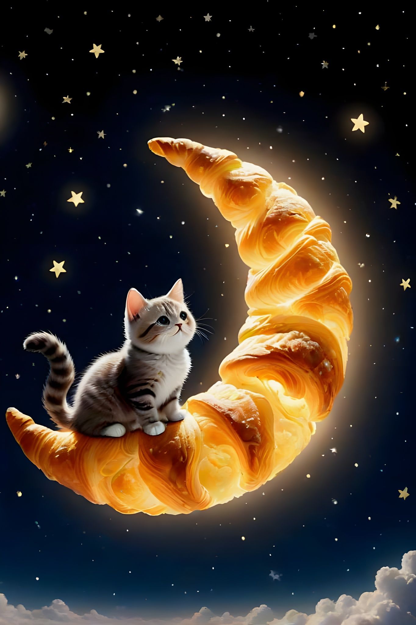 Lunar Croissant with Happy Cat in Starry Sky