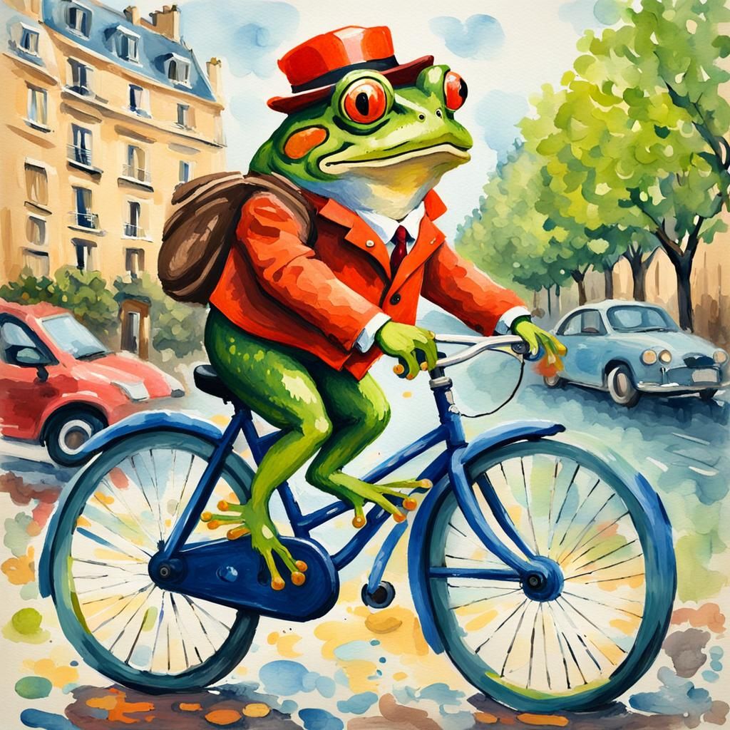 Cartoon Frog Rides Bicycle in Paris as Gouache