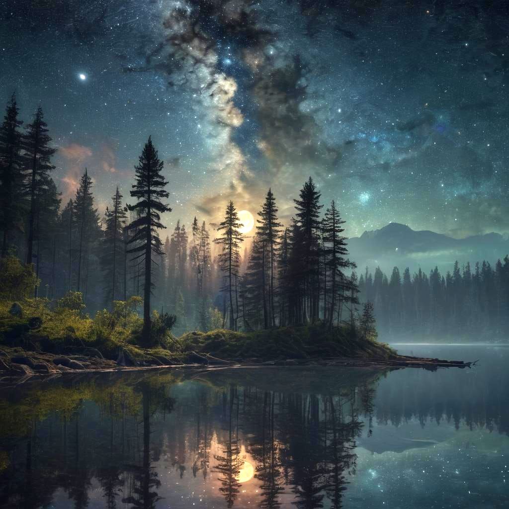 Starry Night Reflection: Detailed Fantasy Landscape