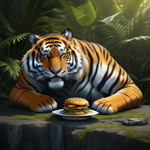 Tiger Eating Burger in Rio de Janeiro at Golden Hour