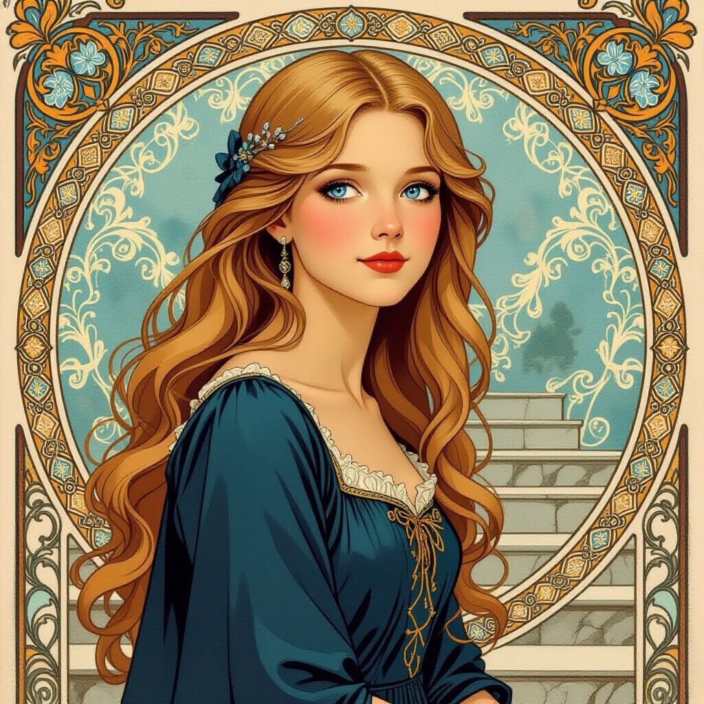 Medieval Woman with Flowing Dress in Art Nouveau Style