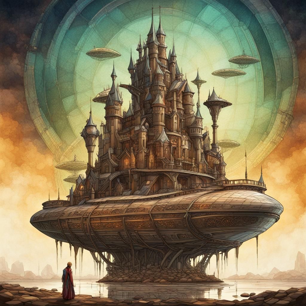 Futuristic Spaceship over Medieval Castle in Fairytale Style