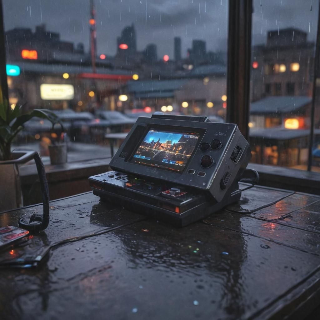 Retro Sci-Fi Console in Rainy Cityscape