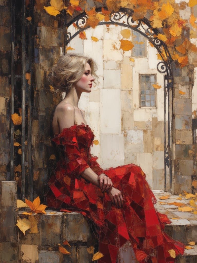 Romantic Woman with Autumn Leaves in Watercolor Style