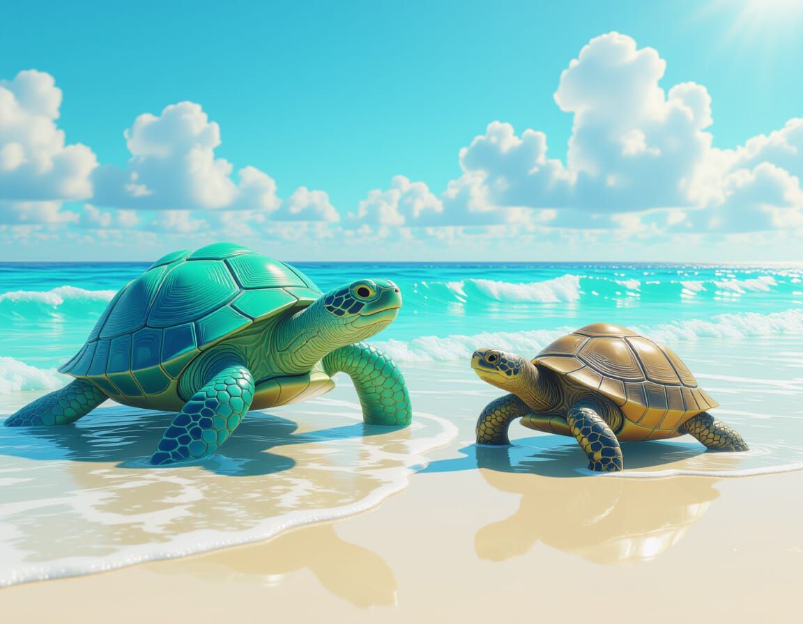 Turquoise Plastic Tortoise on Sunny Beach, Digital Art