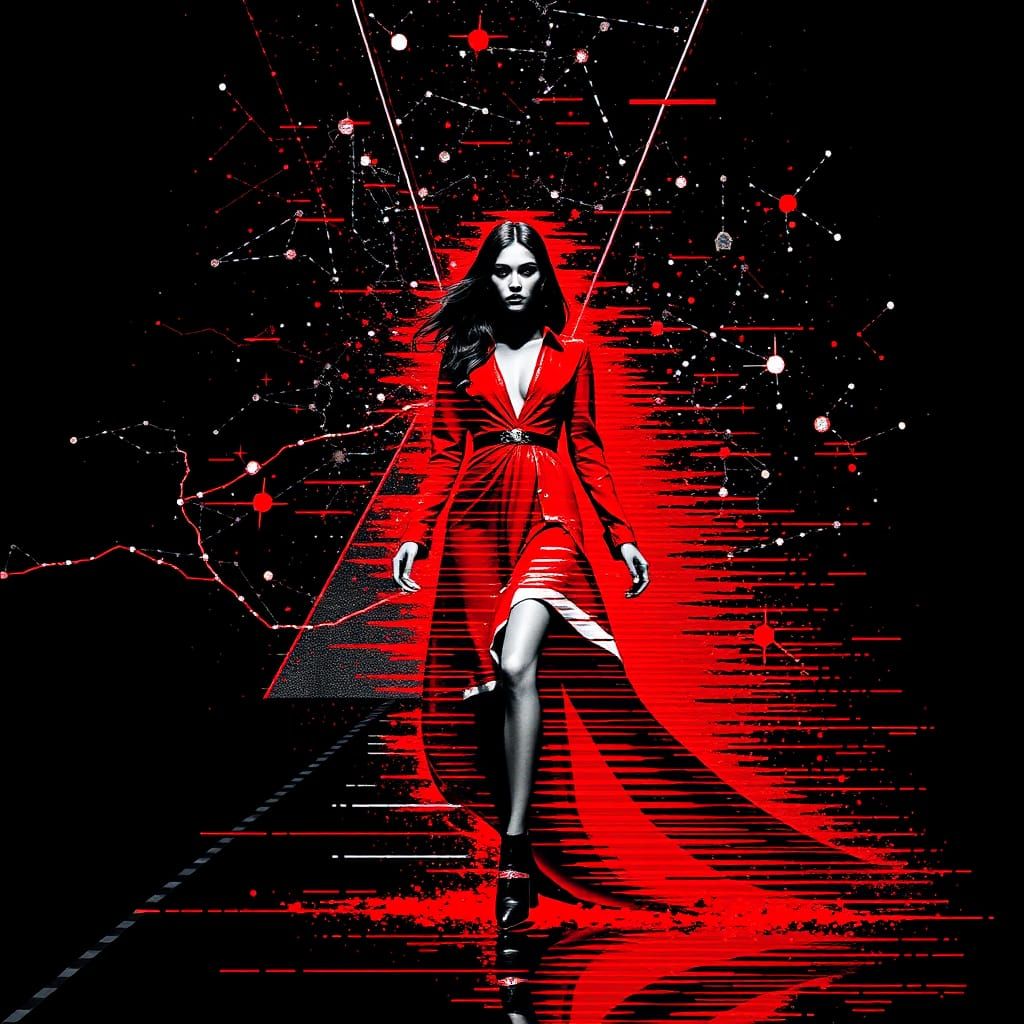 Abstract Catwalk Model in Maximalist Glitch Style