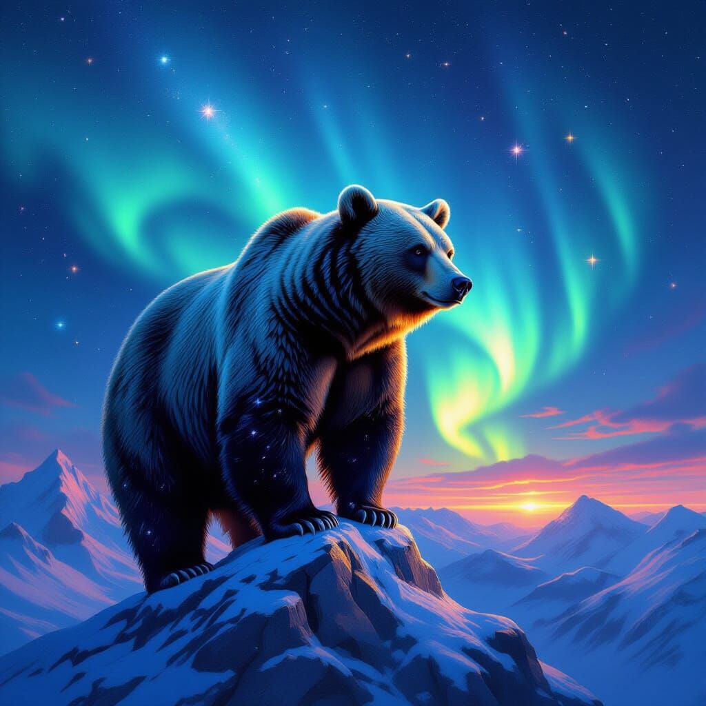 Cosmic Bear on Crystal Peak Under Aurora Borealis