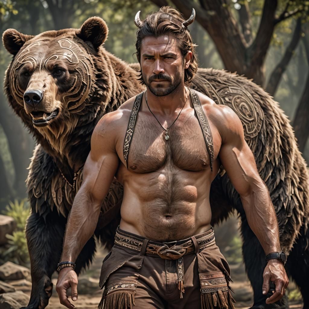 Hyperrealistic Man with Bear Ears in Tribal Pants