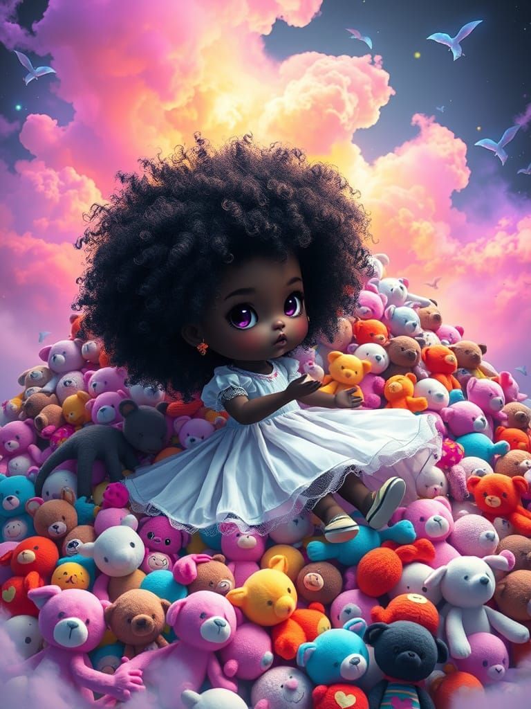 Girl in Plushie Mountain, Inspired by Takashi Murakami