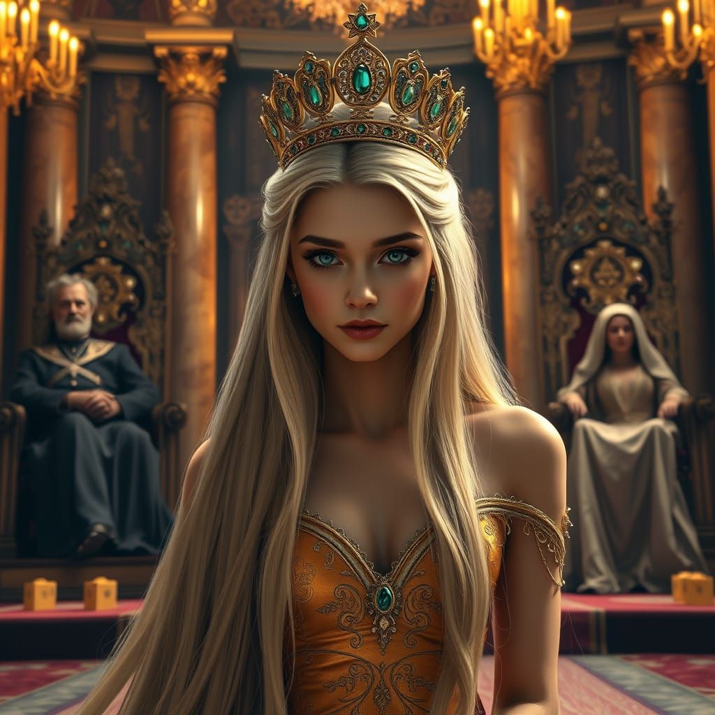 Regal Princess Kneels Before Grand Thrones in Coronation Sce...