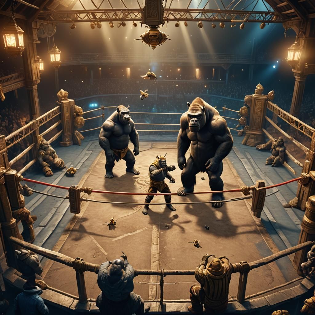 Rhino, Gorilla, and Bee Boxing in Arena