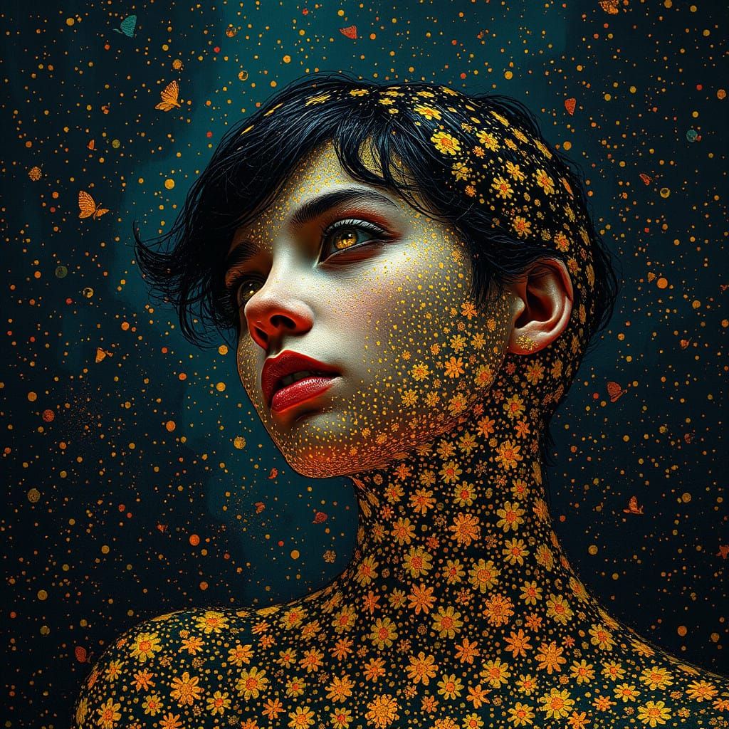 Golden Yellow Florals in Vibrant Pointillism Style