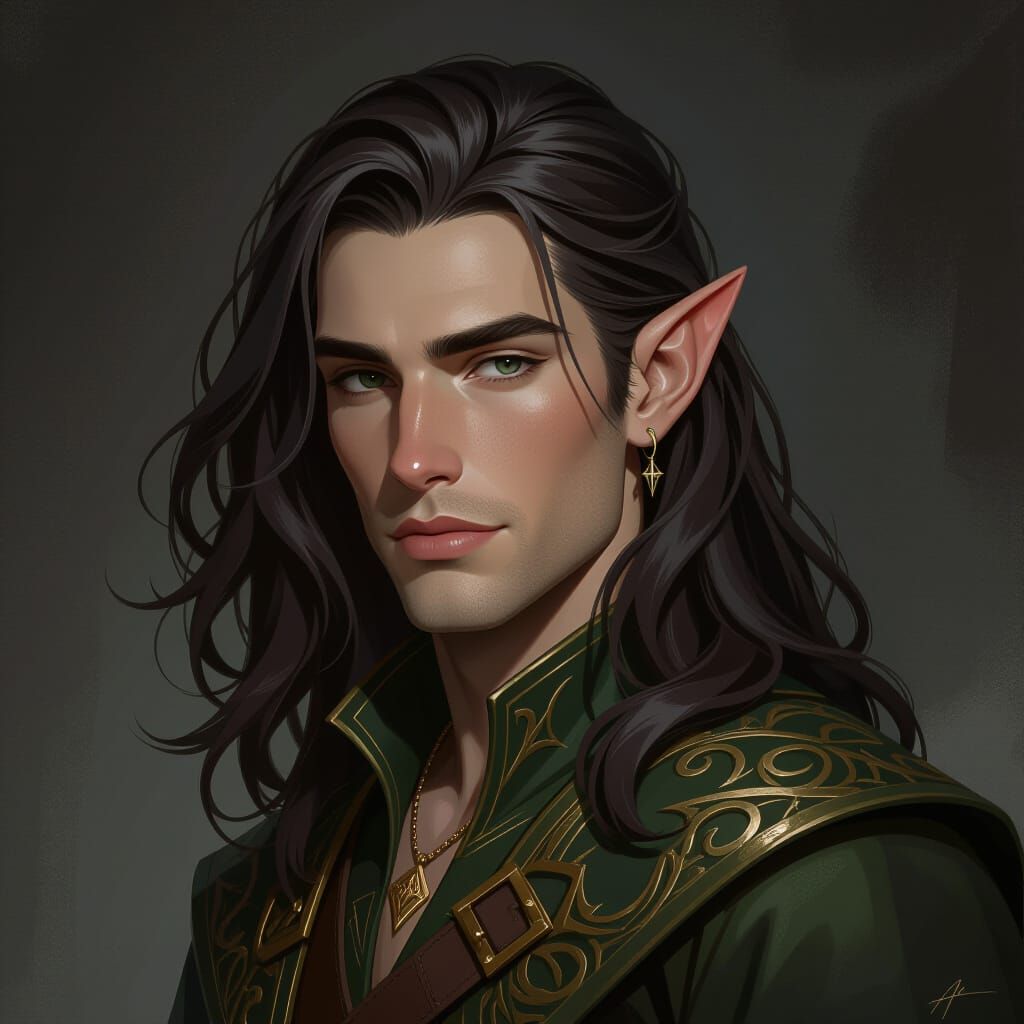 Brunette Elf in Modern Elvenwear, Monochromatic Portrait