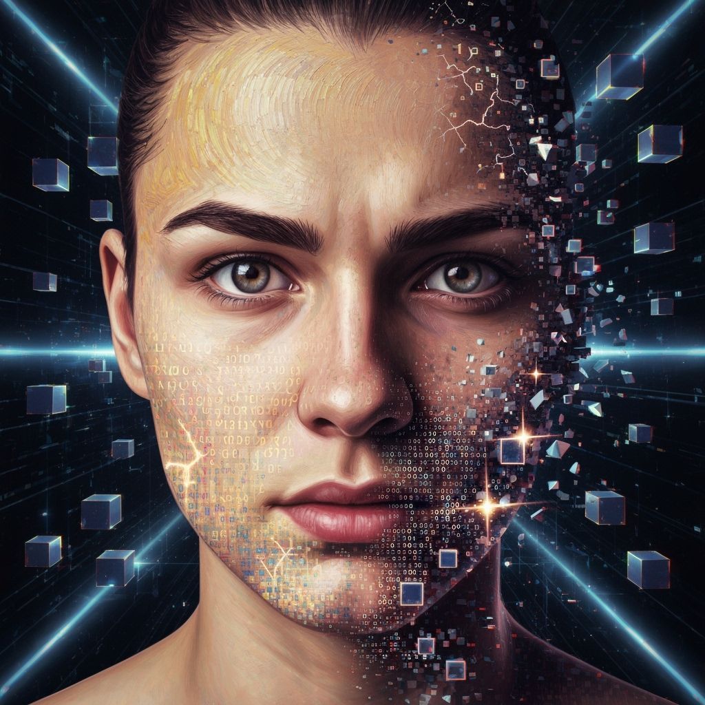 Digital Portrait Dissolving into Binary Code, Geometric Abst...