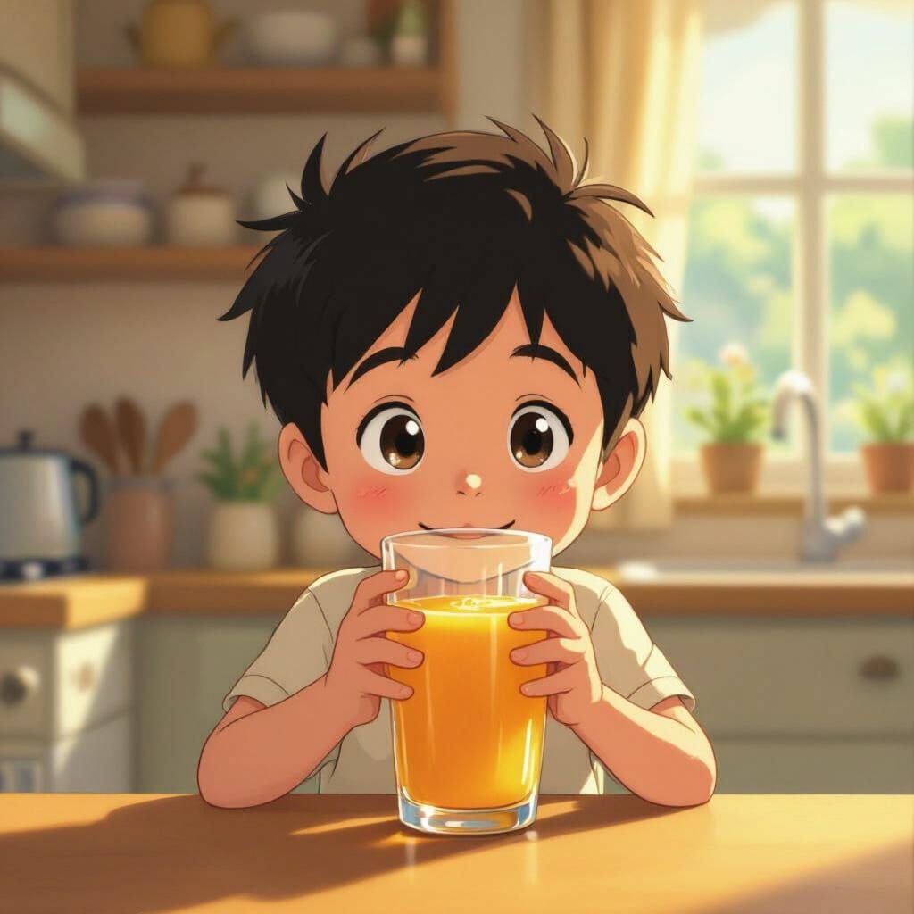 Cute Boy Drinks Juice in Cozy Kitchen, Ghibli Style