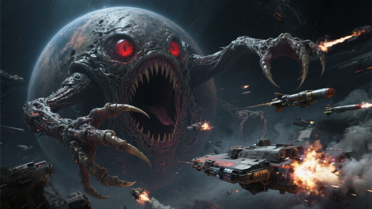 Ominous Planet Attacks Spaceships in Dark Futuristic Style