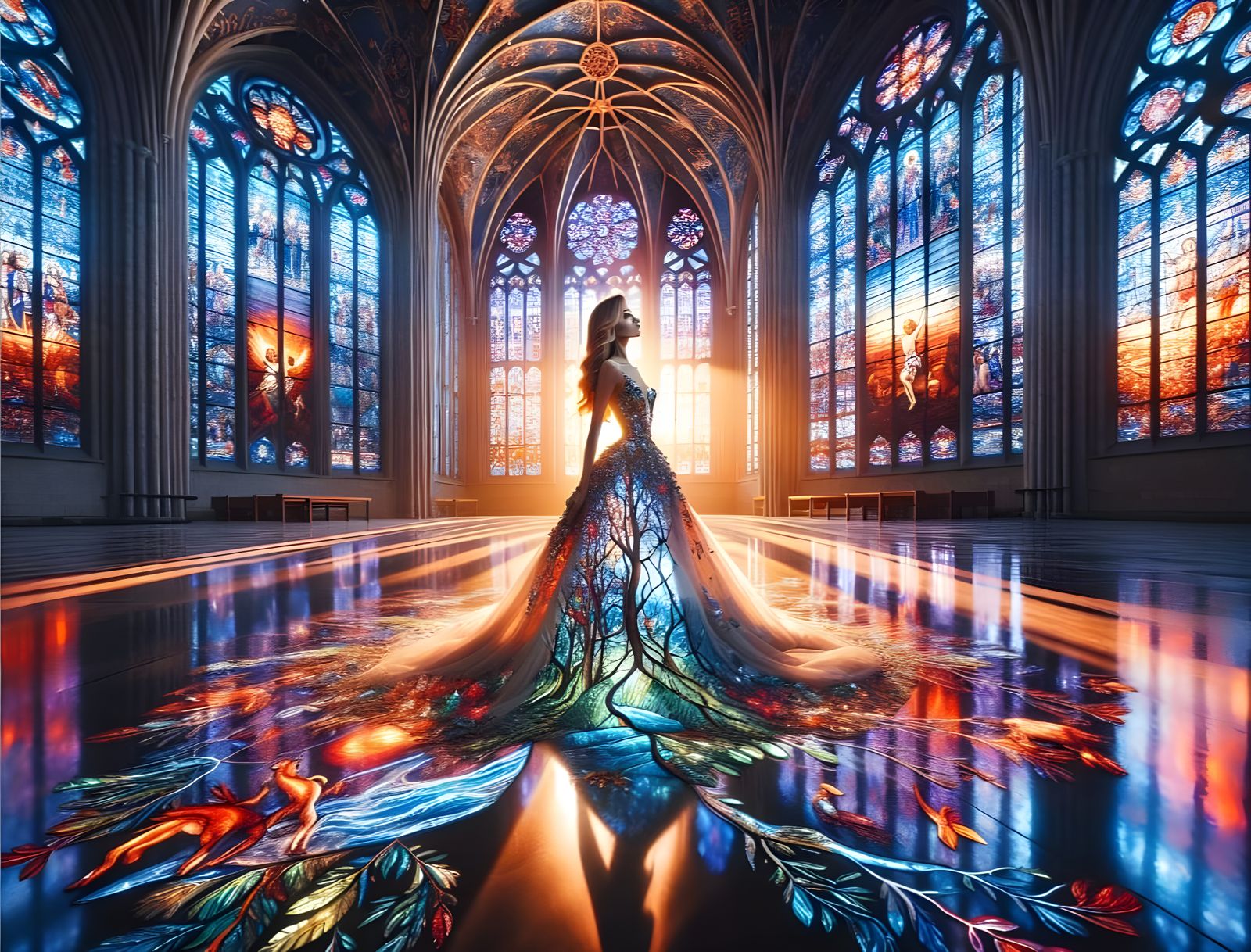 Elegant Woman in Stained Glass Cathedral