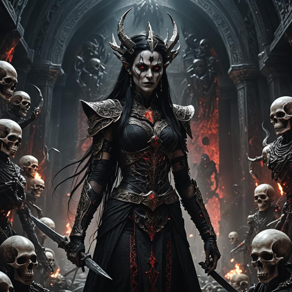 Fearsome Dark Elf Pythia in Gothic Horror Style
