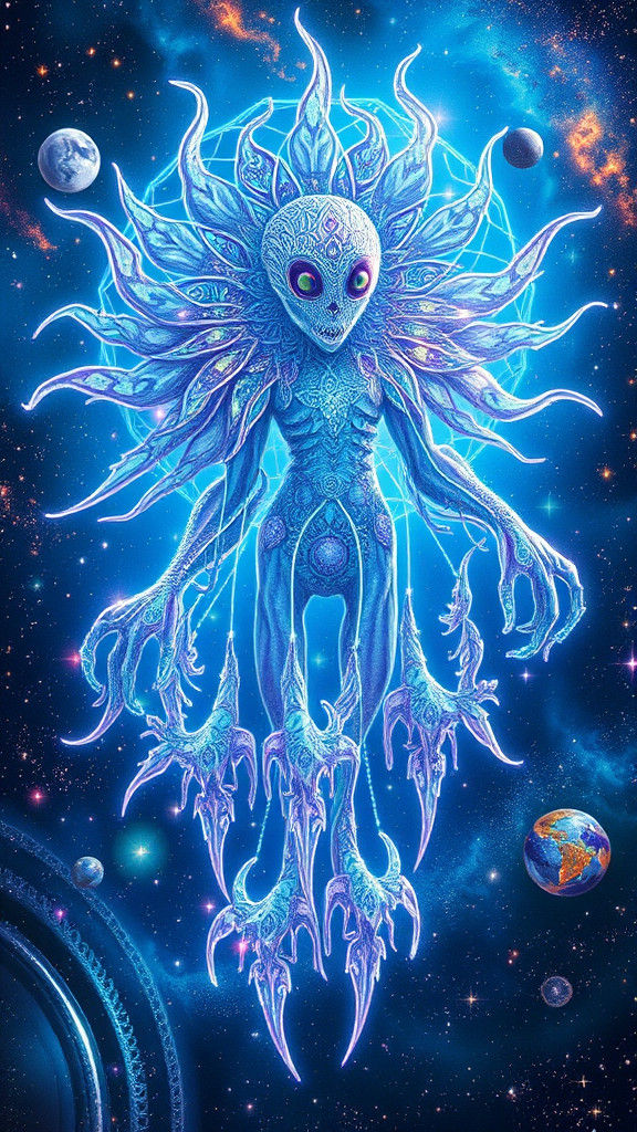 Iridescent Tobot Entity in Astral Cosmic Dreamscape