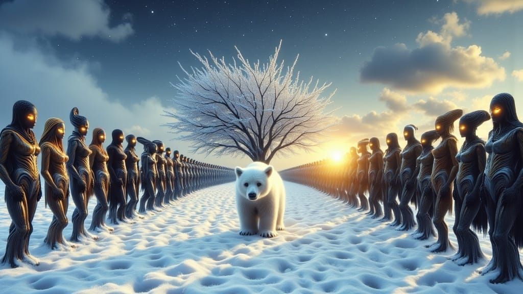 Mystical Winter Gathering of Scarecrows and Aliens