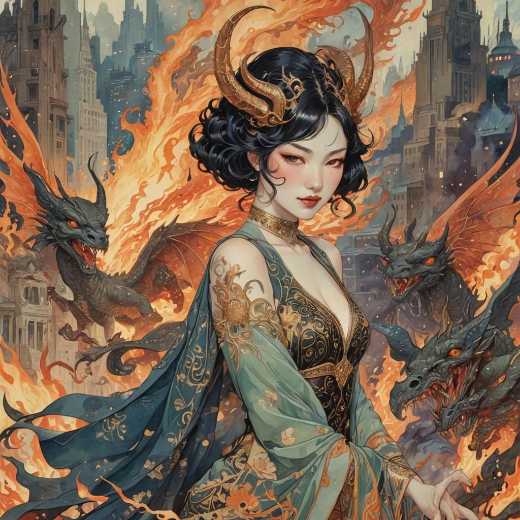 Art Deco Mother of Demons in Watercolor Style