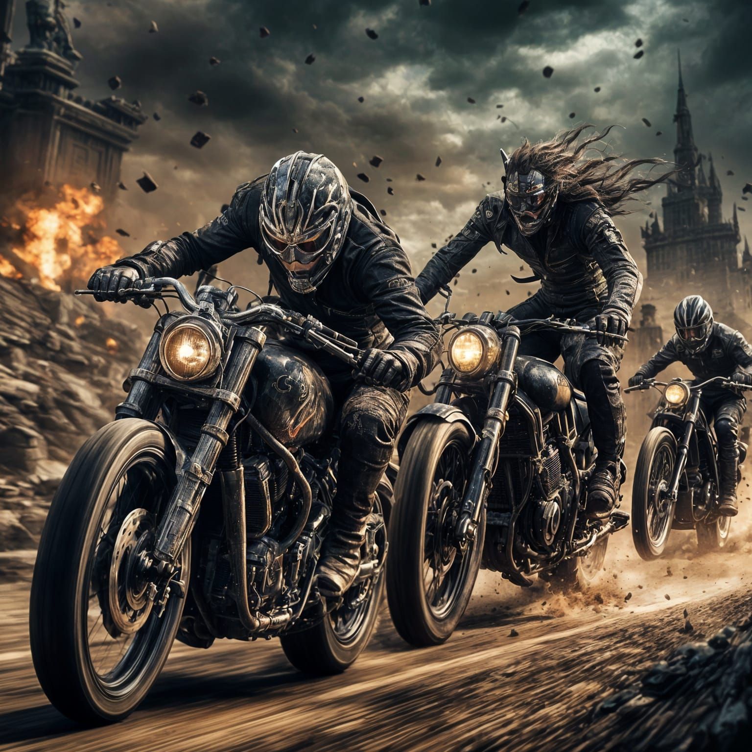 Motorcycle Riders Speeding on Racetrack, Matte Painting