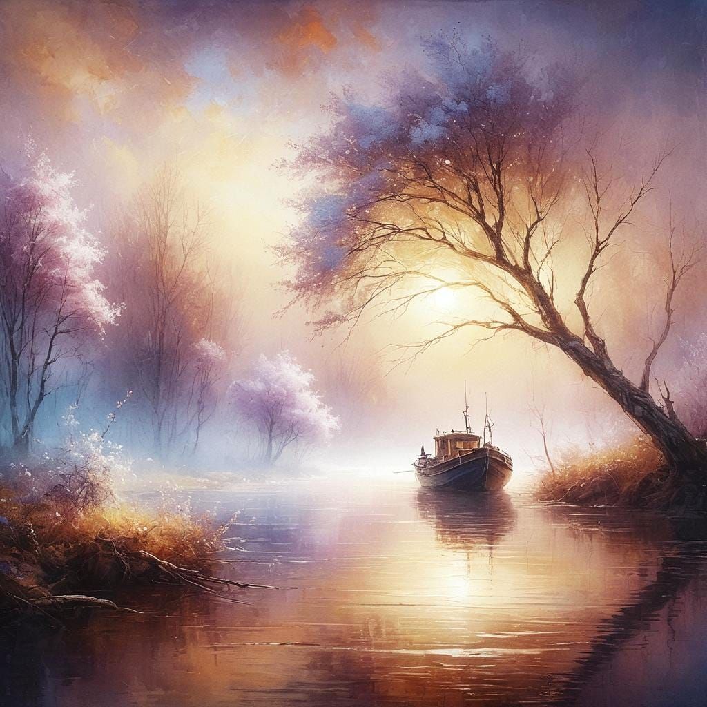 Fishing Boat on River in Turner Style