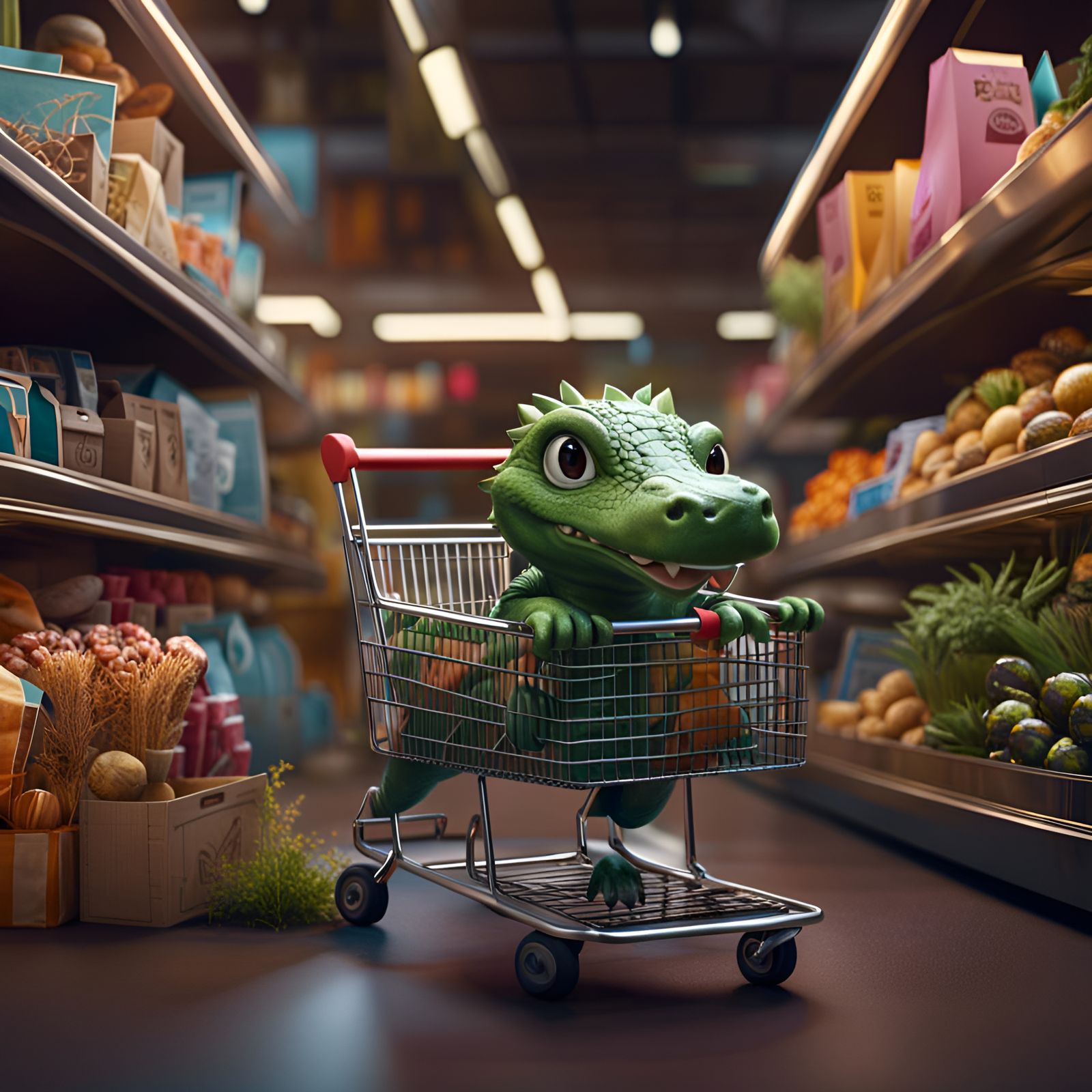 Cute Crocodile Shopping Trip: Fantasy Concept Art