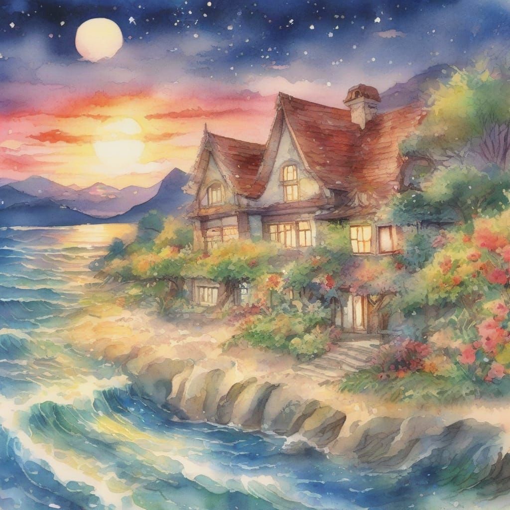 Whimsical Watercolor Beach Cottage Amidst Enchanted Oceanic ...