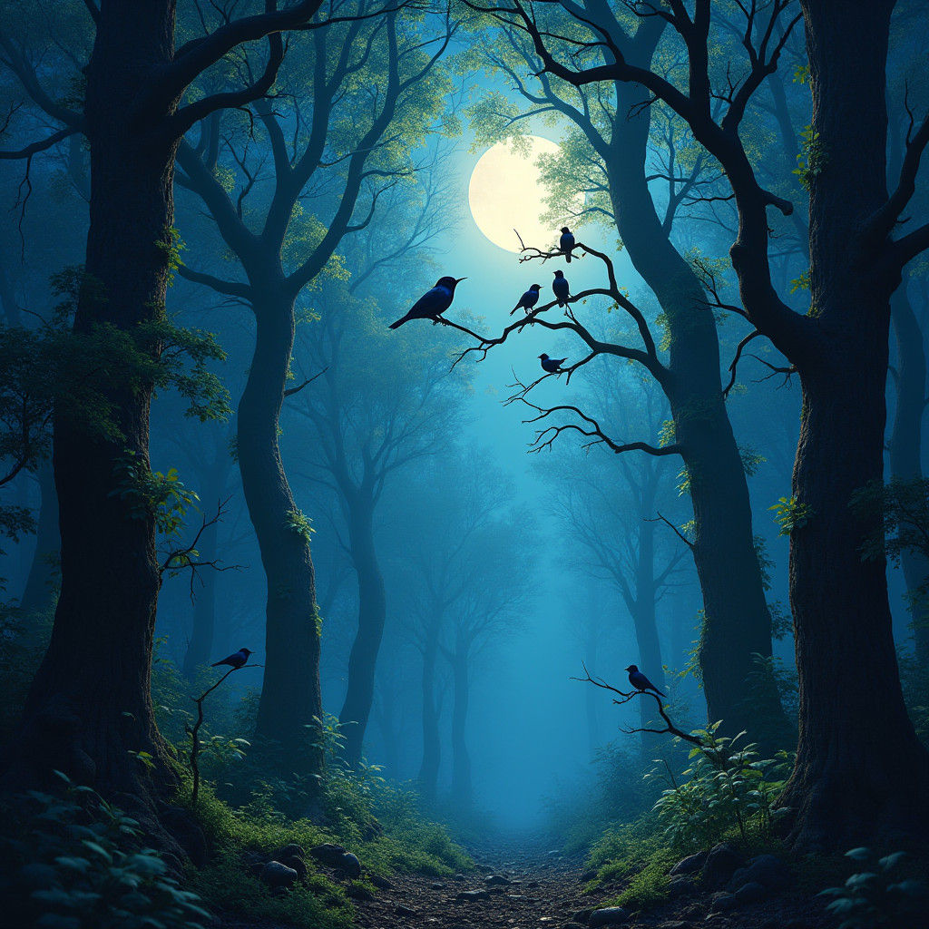 Mystical Moonlit Forest with Warblers, Fantasy Concept Art