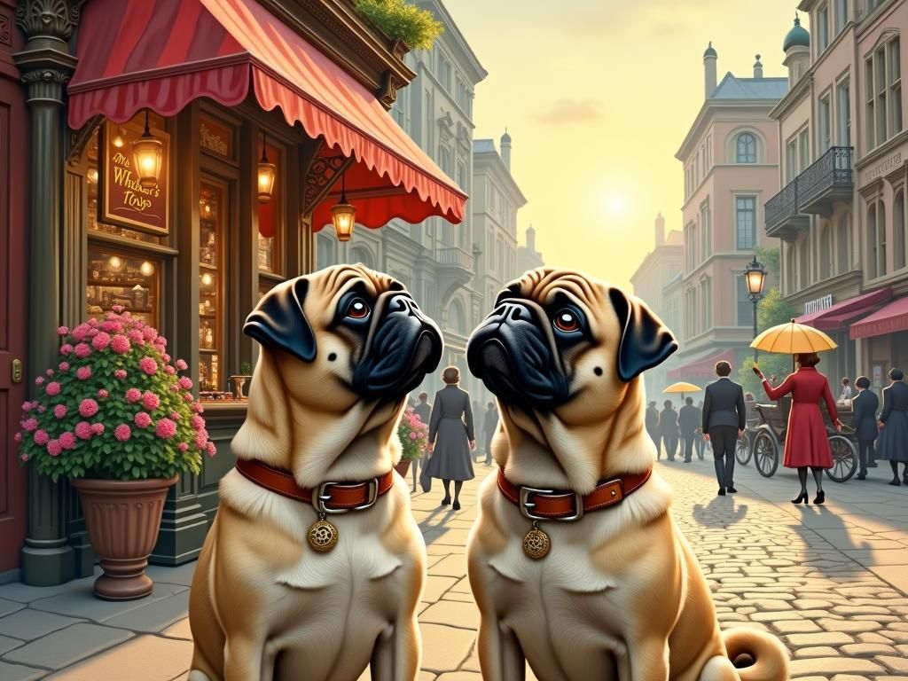 Pugs Discover a Victorian Toy Store in Watercolor Style