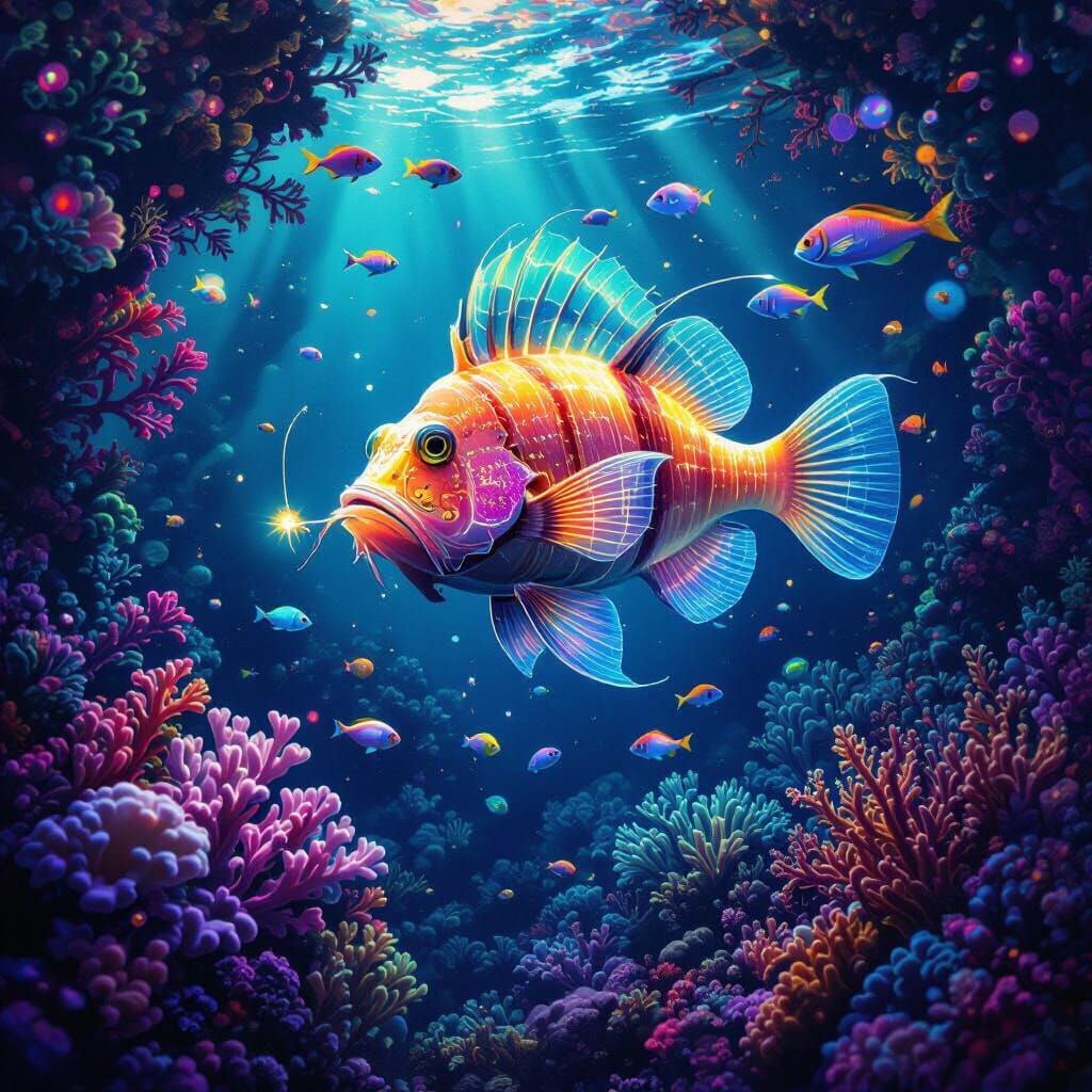Bioluminescent Anglerfish in Alien Coral Reef Art
