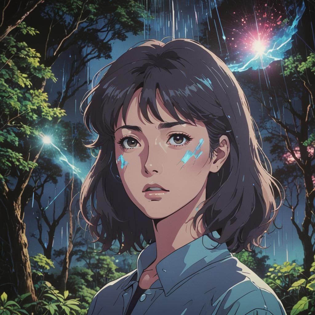 screenshot from an 80s anime episode, 1980s, woman standing in nature at night, 3d distortion shattering face into incom...
