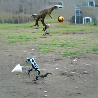 Velociraptor and Robot Playing Soccer