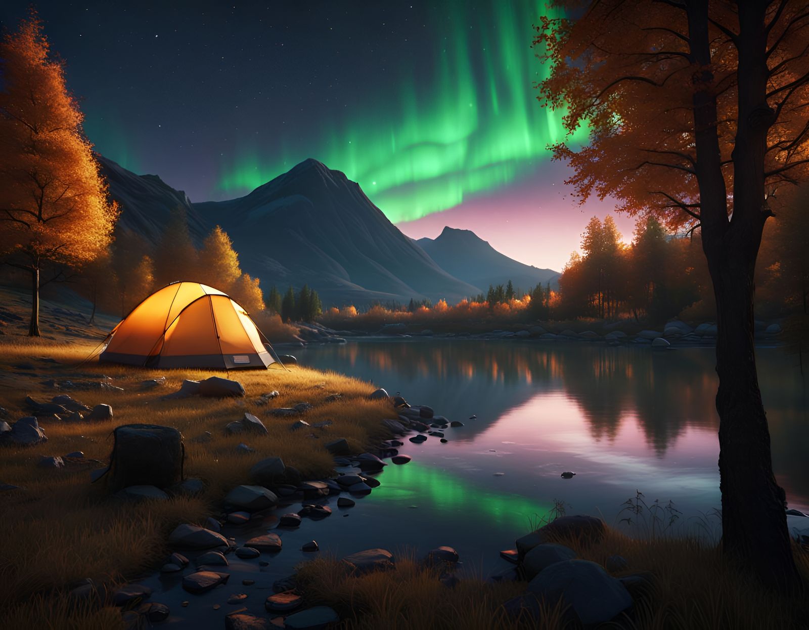 campsite with a tent by a river in a forest at the foothills of a mountain.